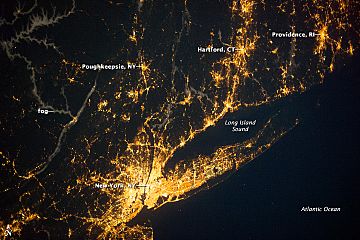 New York City, Southern RI and CT, illuminated at night