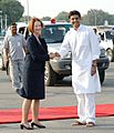 The Prime Minister of Australia, Ms. Julia Gillard being received by the Minister of State for Communications and Information Technology, Shri Sachin Pilot, at Air Force Station, Palam, in New Delhi on October 15, 2012