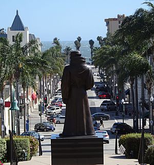 View of Father Serra Statue and California Street from steps of Ventura City Hall