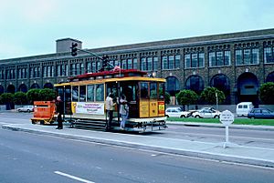 1987 SF Historic Trolley Festival - car 578 at Pier 39 during Embarcadero demonstration service