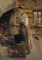 Akseli Gallen-Kallela - Woman Cooking Whitefish , Woman grilling fish - A III 1854 - Finnish National Gallery