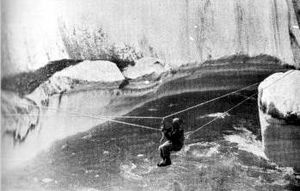 Crossing an ice-chasm of the Upper Baltoro glacier. Image from 1938 K2 expedition