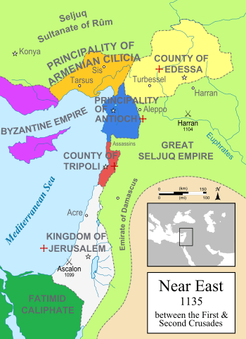 The Kingdom of Jerusalem and the other Crusader states in the context of the Near East in 1135.