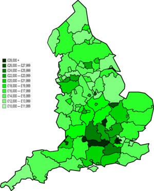 Map of NUTS 3 areas in England by GVA per capita (2007)