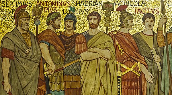 Roman generals and emperors closeup in the frieze of the Great Hall of the National Galleries Scotland by William Brassey Hole 1897