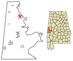 Location of Gainesville in Sumter County, Alabama.