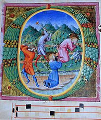 Antiphonary II, Two kneeling saints beaten to death in a landscape (ca. 1442) Biblioteca Comunale degli Intronati, Siena