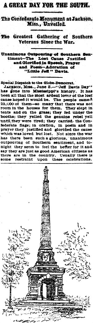 Newspaper clipping and image about Jackson MS Confederate monument 1891