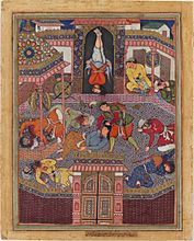 Mahiya frees Zambur, Beheads his sleeping guards, and suspends Gharrad in his stead Hamzanama, Harvard Art Museum, Cambridge