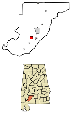 Location of Frisco City in Monroe County, Alabama.