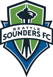 The Seattle Sounders FC crest, with the team's name on a banner stretched across a green and blue shield with the shape of the Space Needle in the center.
