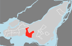 Location on the Island of Montreal.  (Outlined areas indicate demerged municipalities).
