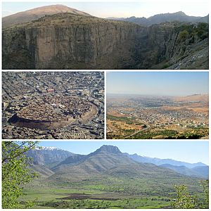 Clockwise, from top: Canyon in Rawandiz, Koy Sanjaq, Shaqlawa and Citadel of Erbil