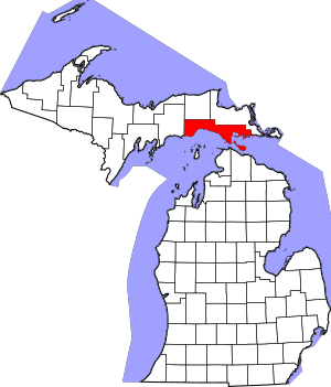 Map of Michigan highlighting Mackinac County