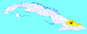 Báguanos municipality (red) within  Holguín Province (yellow) and Cuba