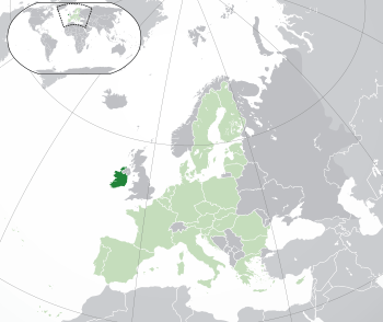 Location of  Ireland  (dark green)– on the European continent  (green & dark grey)– in the European Union  (green)