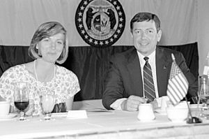 John Ashcroft and his wife attend a post-recommissioning dinner for the battleship USS MISSOURI