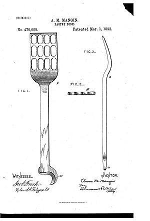 Patent US470005-drawings Pastry Fork Anna M Mangin