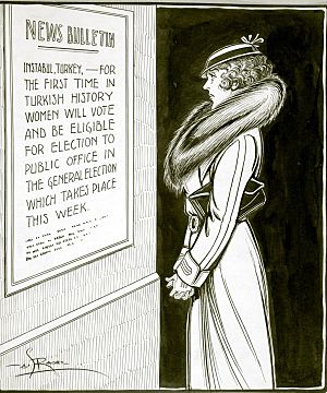 Political cartoon commenting on women's voting rights in Quebec