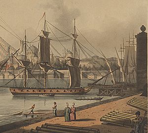 Constantinople. North view, taken from the Artillery Quay (called Tophana) with H.B.M. ship La Bonne Citoyenne, 1799 RMG S4867 (cropped).jpg