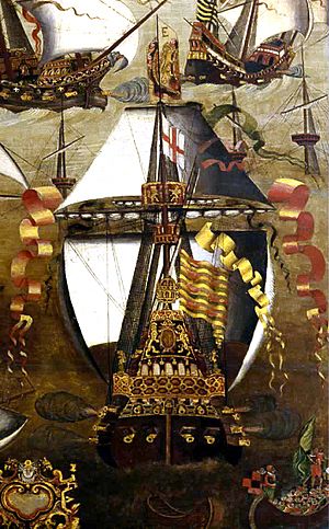 English ship Ark Royal at the Battle of Gravelines (1588) - Invincible Armada (cropped)