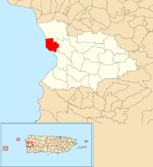 Location of Algarrobos within the municipality of Mayagüez shown in red