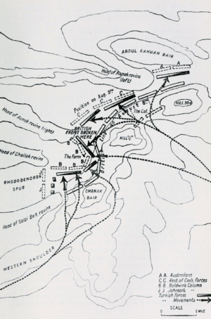 Battle of Sari Bair, showing the Turkish counter-attack, 9–10 August 1915