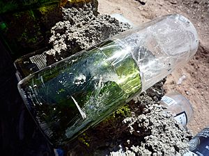 Earthship bottle wall in construction two bottles are cut and taped together, then cemented in