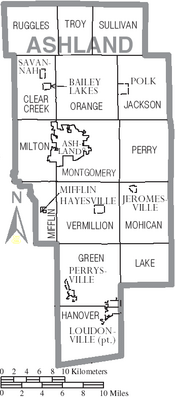 Map of Ashland County Ohio With Municipal and Township Labels