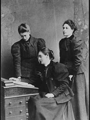 Esther Roper (Seated), Edith Palliser (Left), Mrs. Blaxter (Right)