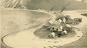 Karluk sandspit in the late 1800s showing cannery and village; the source termed the Karluk River the "River of Life" due to the dense salmon run