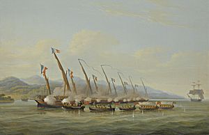 The Boats of H.M.S Sloop Procris (10 guns) engaging French Gunboats off the mouth of the Indramayo, Java