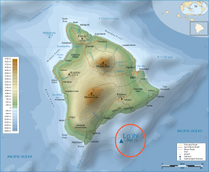 The island of Hawaii, showing Lōʻihi's position southeast of the main landmass