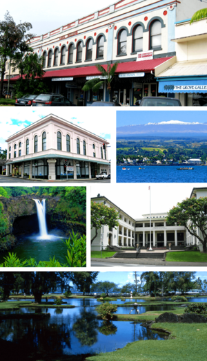 From top to bottom, left to right: S. Hata Building, Hilo Masonic Lodge Hall-Bishop Trust Building, Hilo Bay with Mauna Kea, Rainbow (Waiānuenue) Falls, Federal Building, Post Office and Courthouse and Liliuokalani Park and Gardens.