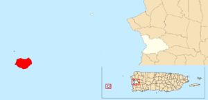 Location of Isla de Mona e Islote Monito within the municipality of Mayagüez shown in red
