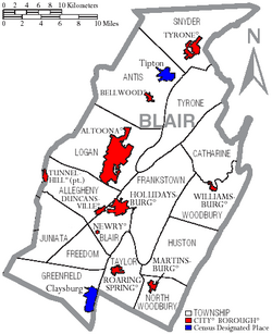 Map of Blair County Pennsylvania With Municipal and Township Labels
