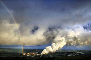 Rainbow and eruption of Halema`uma`u vent at Kilauea