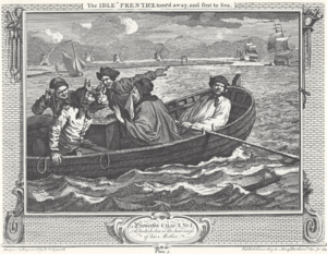 William Hogarth - Industry and Idleness, Plate 5; The Idle 'Prentice turn'd away, and sent to Sea