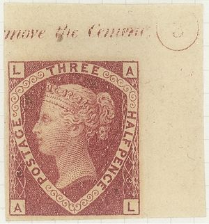 1870 rose-red three halfpence stamp, imprimatur of Plate 3 POST 14129