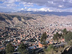 A view of La Paz with the Cordillera Real in the background. Jathi Qullu of the Yanacachi Municipality lies in the sector shown in the upper left part of this image.
