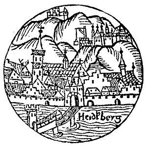 Obere Burg und Dicker Turm Heidelberger Schloss Sebastian Muenster Kalendarium Hebraicum 1527 (Ausschnitt)