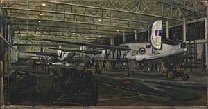 43 Repair Group Air Frame Repair Services, Lincoln, repairing Liberator aircraft (1945) (Art.IWM ART LD 5509)