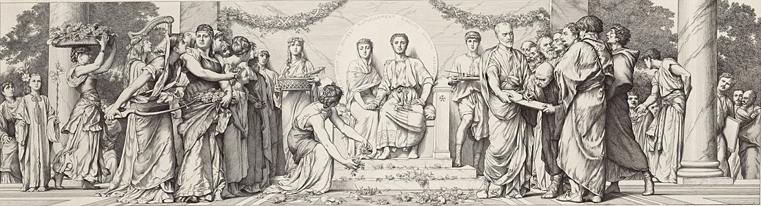 Gustave Boulanger--Salle des Mariages mural 1888--engraving by William Haussoullier..Musée Carnavalet (cropped)