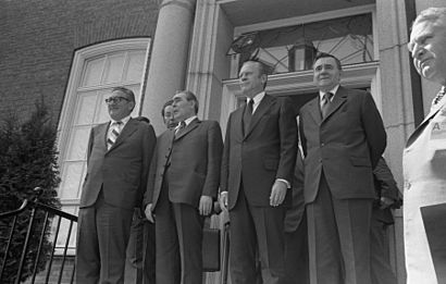 Henry Kissinger, Leonid Brezhnev, President Gerald Ford, and Andrei Gromyko