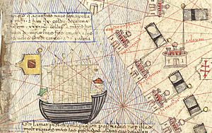 Ilkhante ship sailing the Indian Ocean towards India, in the Catalan Atlas (1375)