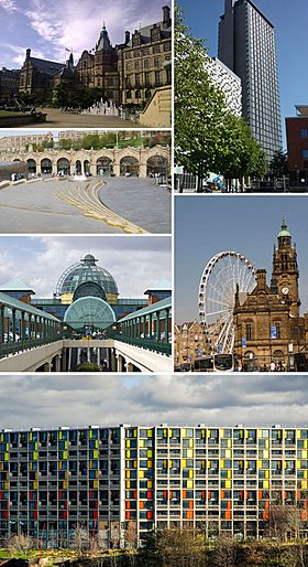 Clockwise from top left: The Sheffield Town Hall; St Paul's Tower from Arundel Gate; the Wheel of Sheffield; Park Hill flats; Meadowhall shopping centre; Sheffield station and Sheaf Square