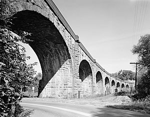 View of east side of Thomas Viaduct crossing the Patapsco River, looking north