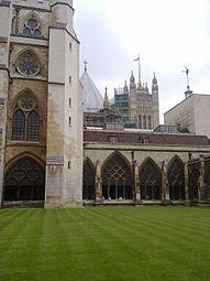 Westminster Abbey cloisters looking towards the Houses of Parliament