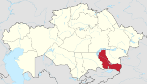 Map of Kazakhstan, location of Almaty Region highlighted