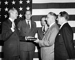 Stuart Symington shown taking the oath of office as Secretary of the Air Force